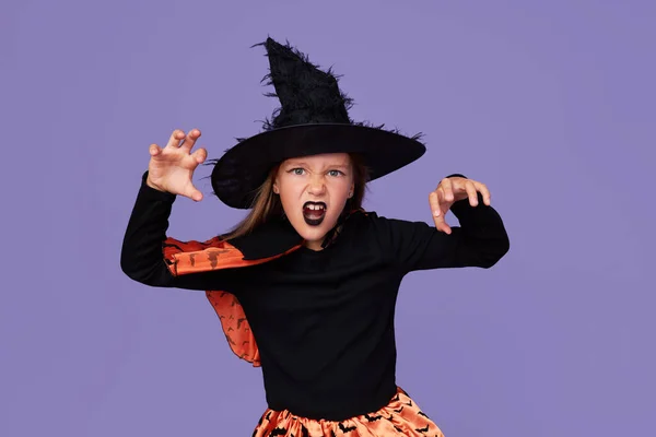 Buon Halloween Carino Bambina Costume Strega Berretto Nero Posa Uno — Foto Stock