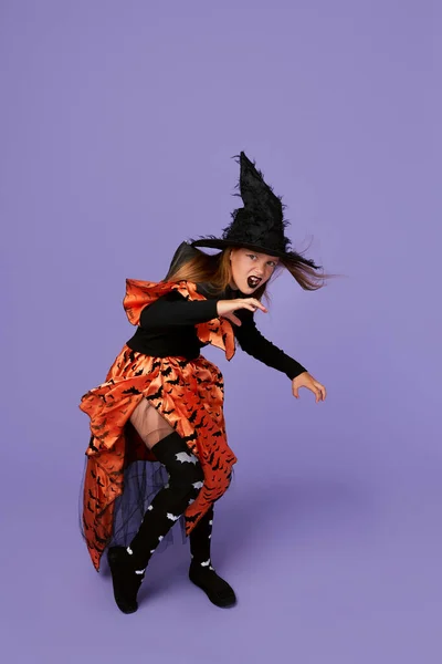 Happy Halloween Cute Little Girl Witch Costume Black Cap Posing — 스톡 사진