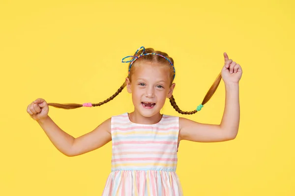 Portrait Surprised Cute Little Toddler Girl Child Yellow Background Looking — 图库照片