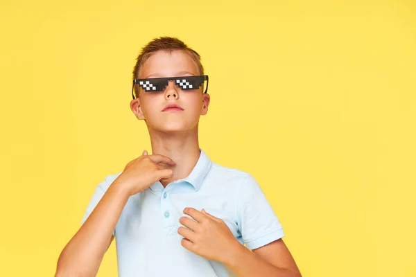 Portrait Schoolboy Pixel Glasses Yellow Background Cool Dude Boy Guy — Zdjęcie stockowe