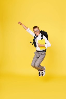 Okul tatili. Sarı arka planda sırt çantalı neşeli yaramaz okul çocuğu sıçrıyor. Tatilin başlangıcı. Okula geri dön.. 