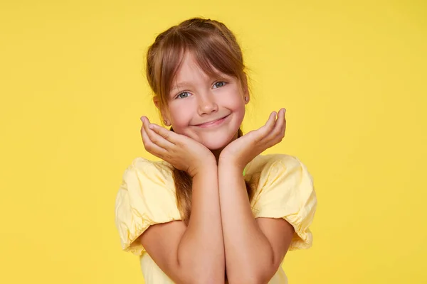 Portrait Surprised Cute Little Toddler Girl Child Yellow Background Looking — Photo