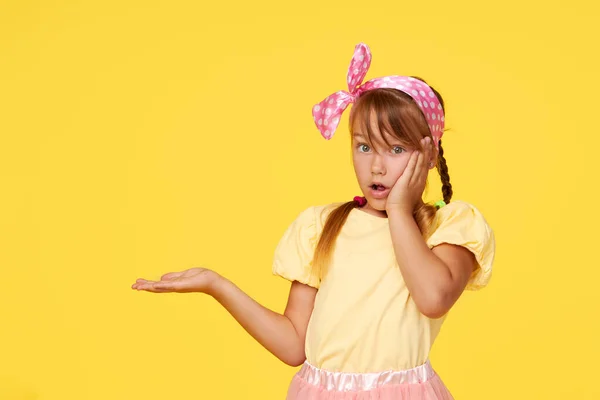 Portrait Surprised Cute Little Toddler Girl Child Yellow Background Looking — Φωτογραφία Αρχείου