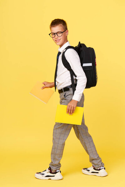 Portrait of a schoolboy in glasses with textbooks and a backpack on a yellow background steps to the left. Back to school