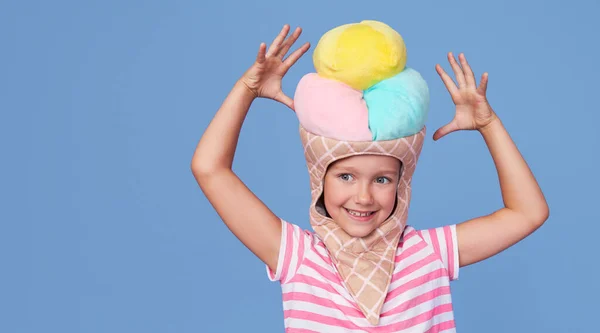 Cute Baby Girl Ice Cream Costume Funny Expression Blue Background — Fotografia de Stock