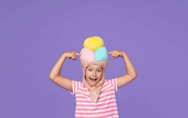 Cute Baby Girl Ice Cream Costume Funny Expression Purple Background — Stockfoto