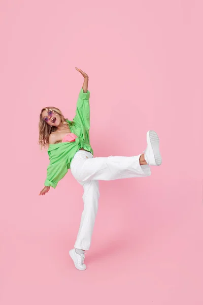 Full Length View Pretty Cheerful Girl Dancing Good Mood Green — Foto Stock