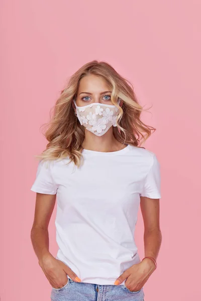 Young Attractive Woman White Casual Shirt Wears Protective Face Mask — Foto de Stock