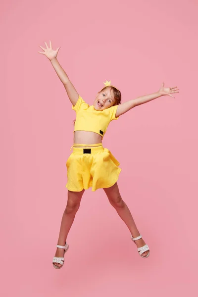 Full Length Portrait Cheerful Triumphant Child Girl Jump Raise Fists — Fotografia de Stock