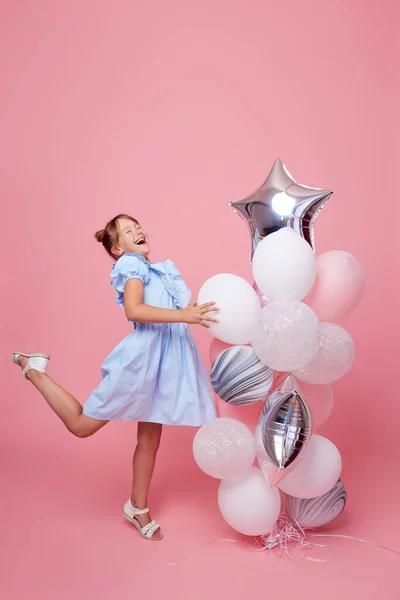 Joyful Child Girl Elegant Tulle Dress Balloons Birthday Present Funny — Fotografia de Stock