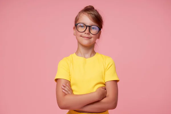 Smart Child Girl Yellow Clothes Eyeglasses Pink Background Shows Thumbs — Foto Stock