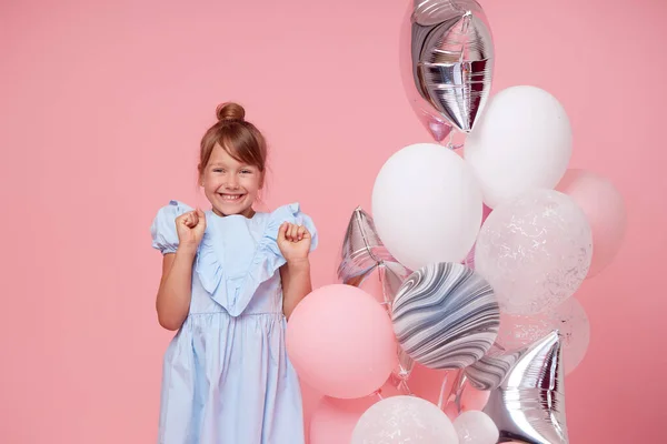 Joyful Child Girl Elegant Tulle Dress Balloons Birthday Present Funny — Stockfoto
