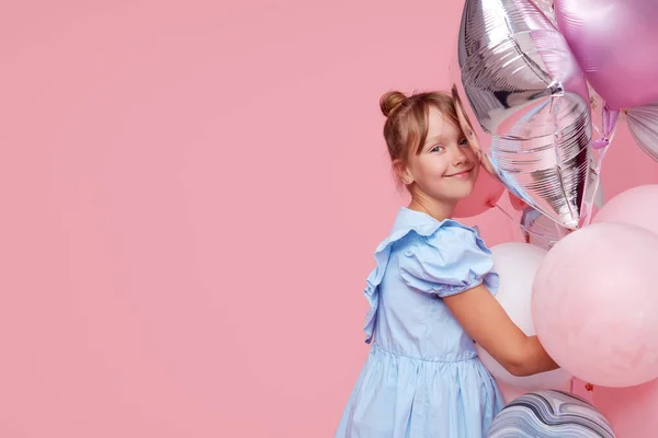 Joyful Child Girl Elegant Tulle Dress Balloons Birthday Present Funny — Stock Photo, Image