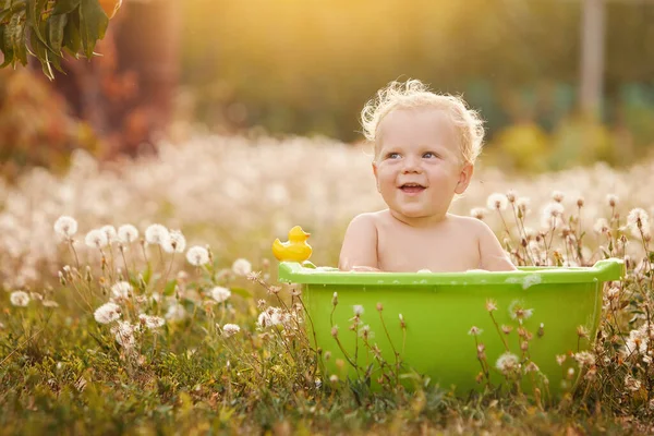 Small Child Plays Bowl Water Summer Garden Sunny Day — 스톡 사진
