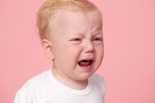 Crying Baby Boy Isolated Pink Background — Stockfoto