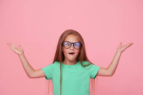 Portrait Cute Toddler Girl Child Bespectacled Pink Background Advertising Childrens — Foto de Stock