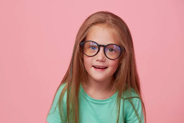 Portrait Cute Toddler Girl Child Bespectacled Pink Background Advertising Childrens — Foto Stock
