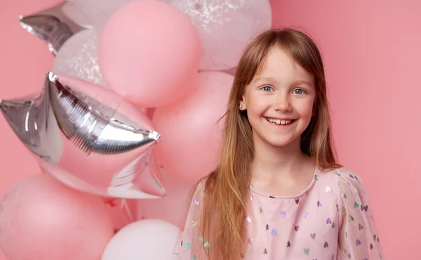 Joyful Child Girl Elegant Tulle Dress Balloons Birthday Present Funny — Fotografia de Stock