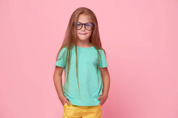 Portrait Cute Toddler Girl Child Bespectacled Pink Background Advertising Childrens — Photo