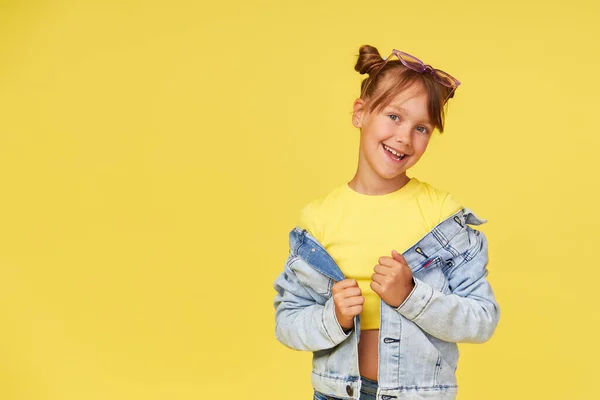 Portrait Surprised Cute Little Toddler Girl Child Yellow Background Looking —  Fotos de Stock