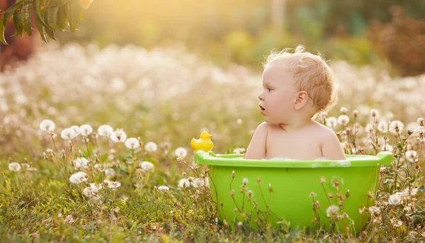 Small Child Plays Bowl Water Summer Garden Sunny Day — Stock fotografie
