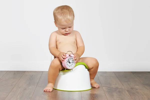 Cute baby boy sits on the potty with toilet paper in his hands. Potty training time