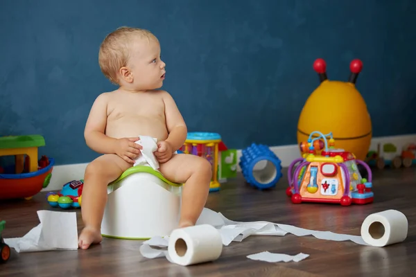 Cute smiling baby boy sitting on chamber pot with toilet paper rolls. Potty training. Domestic life