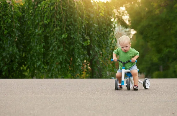 Cute Little Baby Boy Rides Balance Bike Summer Park Child — 图库照片