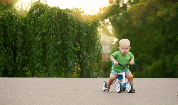 Cute Little Baby Boy Rides Balance Bike Summer Park Child — Fotografia de Stock