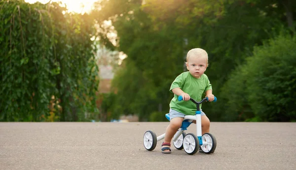 Cute Little Baby Boy Rides Balance Bike Summer Park Child — Stock fotografie