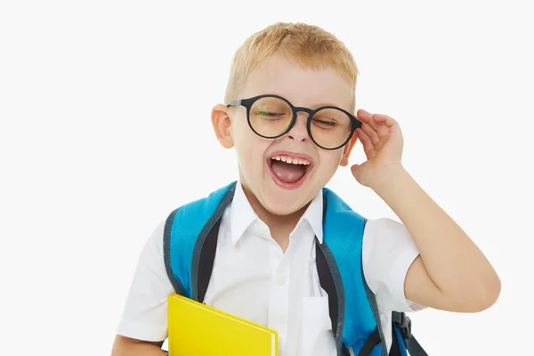 学校に戻る 白い背景に本とリュックと眼鏡を持つ小学校の面白い小さな男の子 メリーよ 学校の準備だ 開発初期の概念 — ストック写真