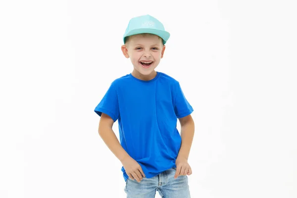 Stylish Child Boy Laughing Merrily Wide Open Mouth Blue Casual — Stock Photo, Image