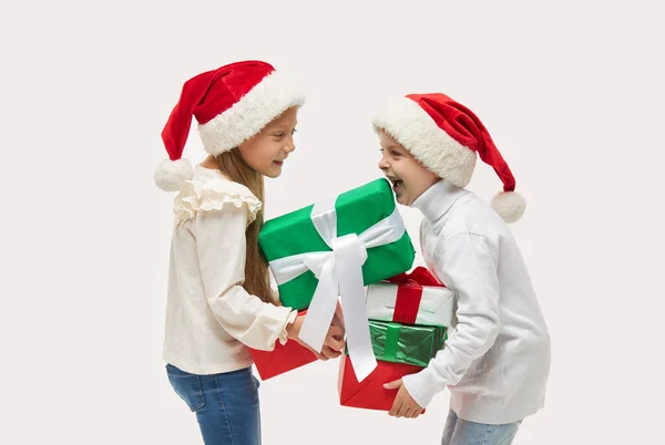 Bambina Natale Carino Bambino Ragazza Abd Ragazzo Tappi Babbo Natale — Foto Stock