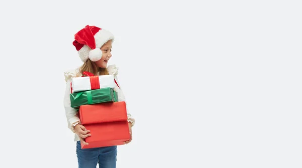 Niño Navidad Linda Niña Santa Claus Sombrero Celebración Alta Pila — Foto de Stock