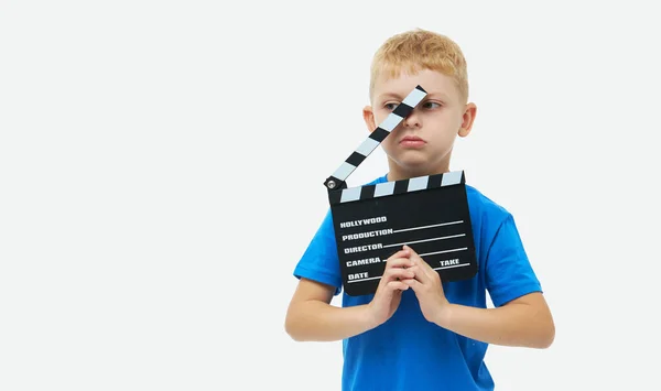Drôle Souriant Enfant Garçon Tenir Film Fabrication Clapperboard Isolé Sur — Photo