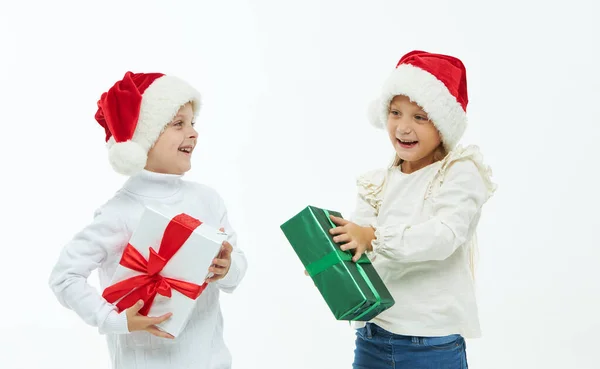 Christmas Child Cute Toddler Girl Boy Santa Claus Caps Holding — Stock Photo, Image