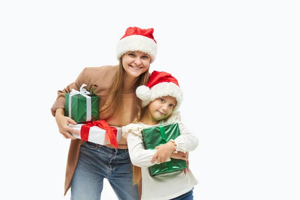 Christmas Family Cute Young Mother Daughter Santa Claus Caps Holding — Stock Photo, Image