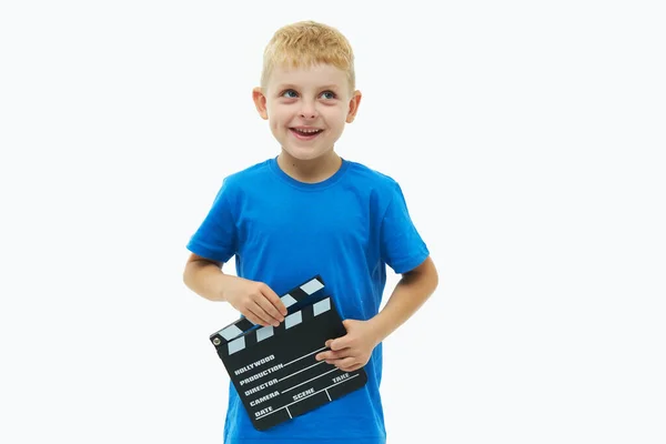 Смішний Усміхнений Хлопчик Тримає Плівку Роблячи Клавіатуру Ізольованою Білому Тлі — стокове фото