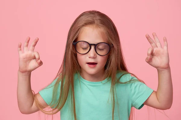 Portrait Cute Toddler Girl Child Bespectacled Pink Background Advertising Childrens — Zdjęcie stockowe