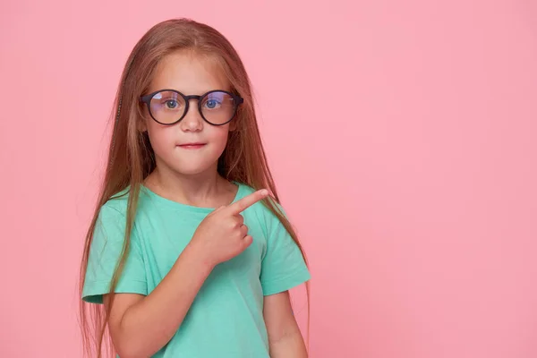 Portrait Cute Toddler Girl Child Bespectacled Pink Background Advertising Childrens — Stockfoto