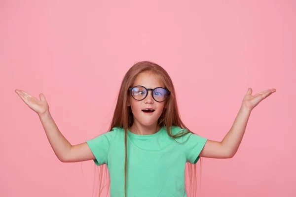 Portrait Cute Toddler Girl Child Bespectacled Pink Background Advertising Childrens — Foto Stock