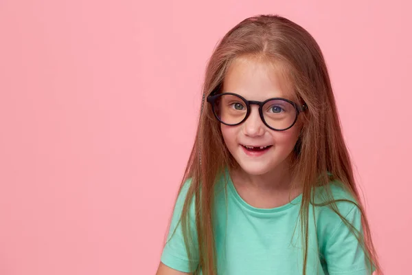 Portrait Cute Toddler Girl Child Bespectacled Pink Background Advertising Childrens — Stockfoto