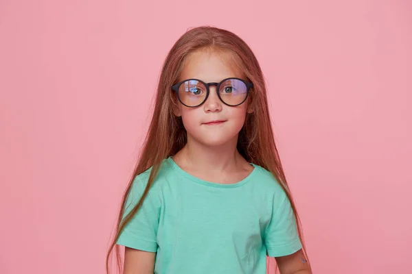 Portrait Cute Toddler Girl Child Bespectacled Pink Background Advertising Childrens — Foto Stock