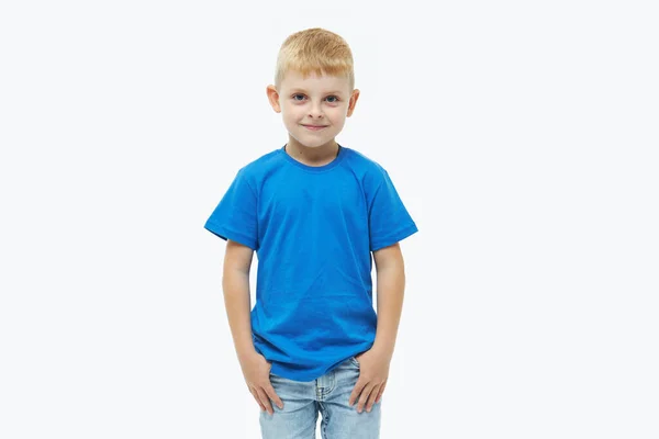 Stylish Child Boy Model Blue Casual Shirt White Isolated Background — Stock Photo, Image