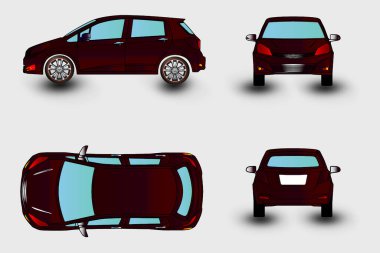Beyaz arka planda araç vektör şablonu. Vektör illüstrasyon, araba tüm yan görüntüler. Araba tüm yan görünümler, ön görünüm, üst görünüm arka görünüm ana hatları tamamen siyah araba ve arabayı projenizde tamamen özelleştirilebilir hale getirin