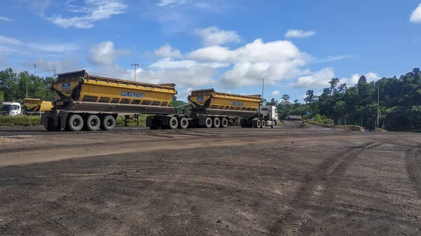 Berau Indonesia June 2022 Two Double Trailer Trucks Transporting Coal — Stockfoto