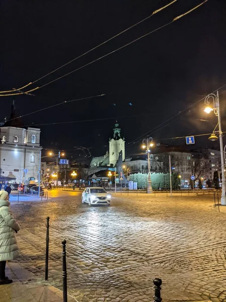 Visão Noturna Cidade Lviv Ucraniano — Fotografia de Stock