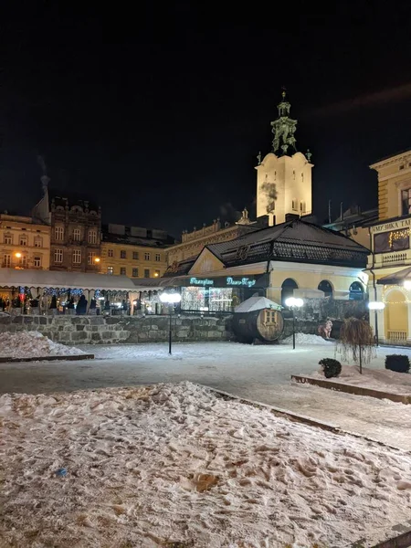 Vista Nocturna Ciudad Lviv Ucrania — Foto de Stock