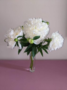 Beyaz arka planda vazoda güzel bir buket çiçek.