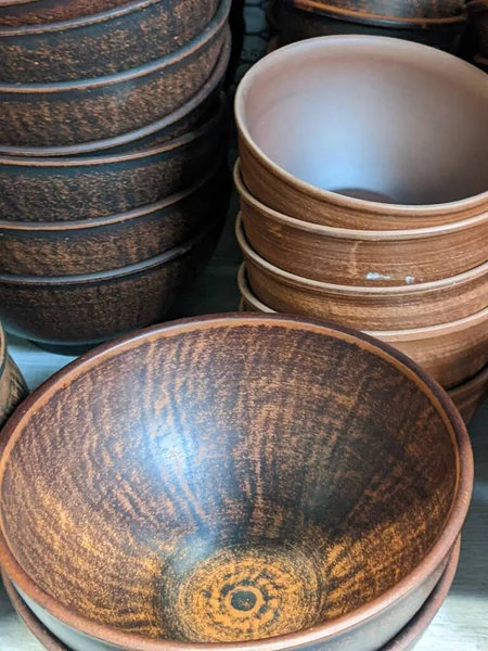 Empty Ceramic Bowls Wooden Table — Zdjęcie stockowe